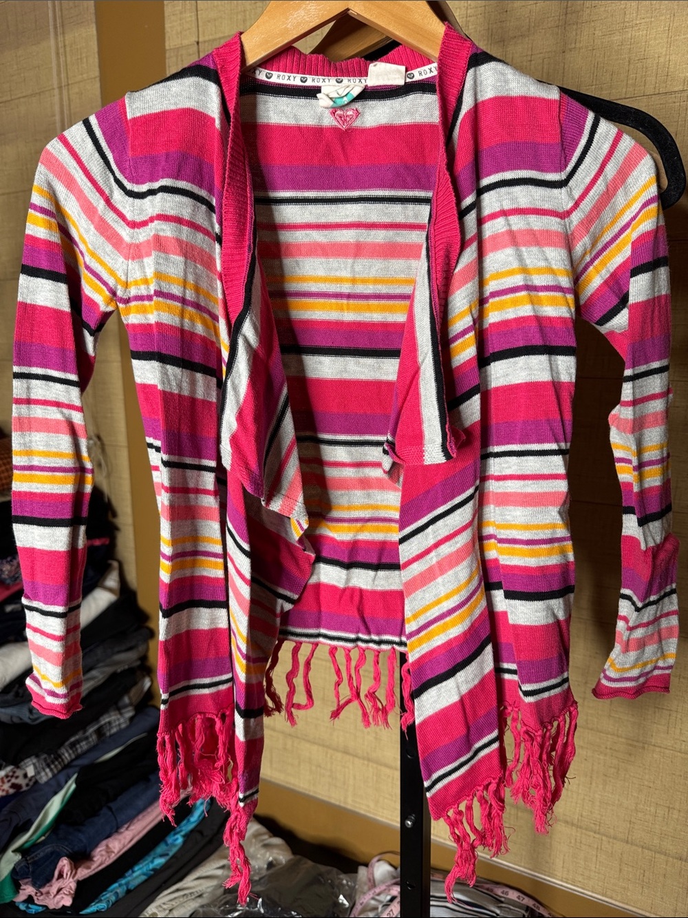 Roxy Girl Striped Fringe Open Front Cardigan Sweater Pink Multicolor Sz Large 12